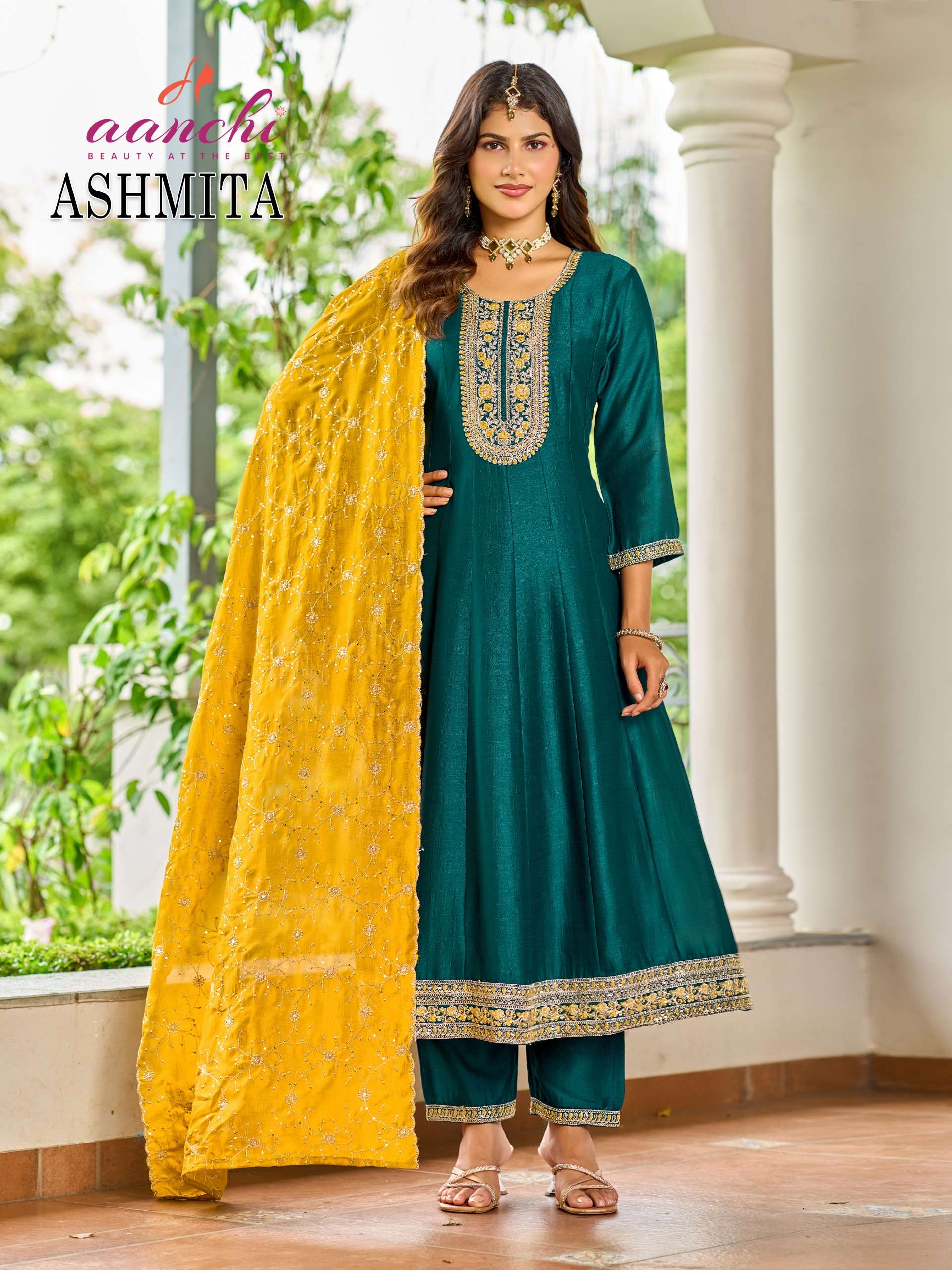 AANCHI ASHMITA SILK SEQUENCE DESIGNER ANARKALI SUIT HEAVY TYPE FESTIVAL IN SURAT